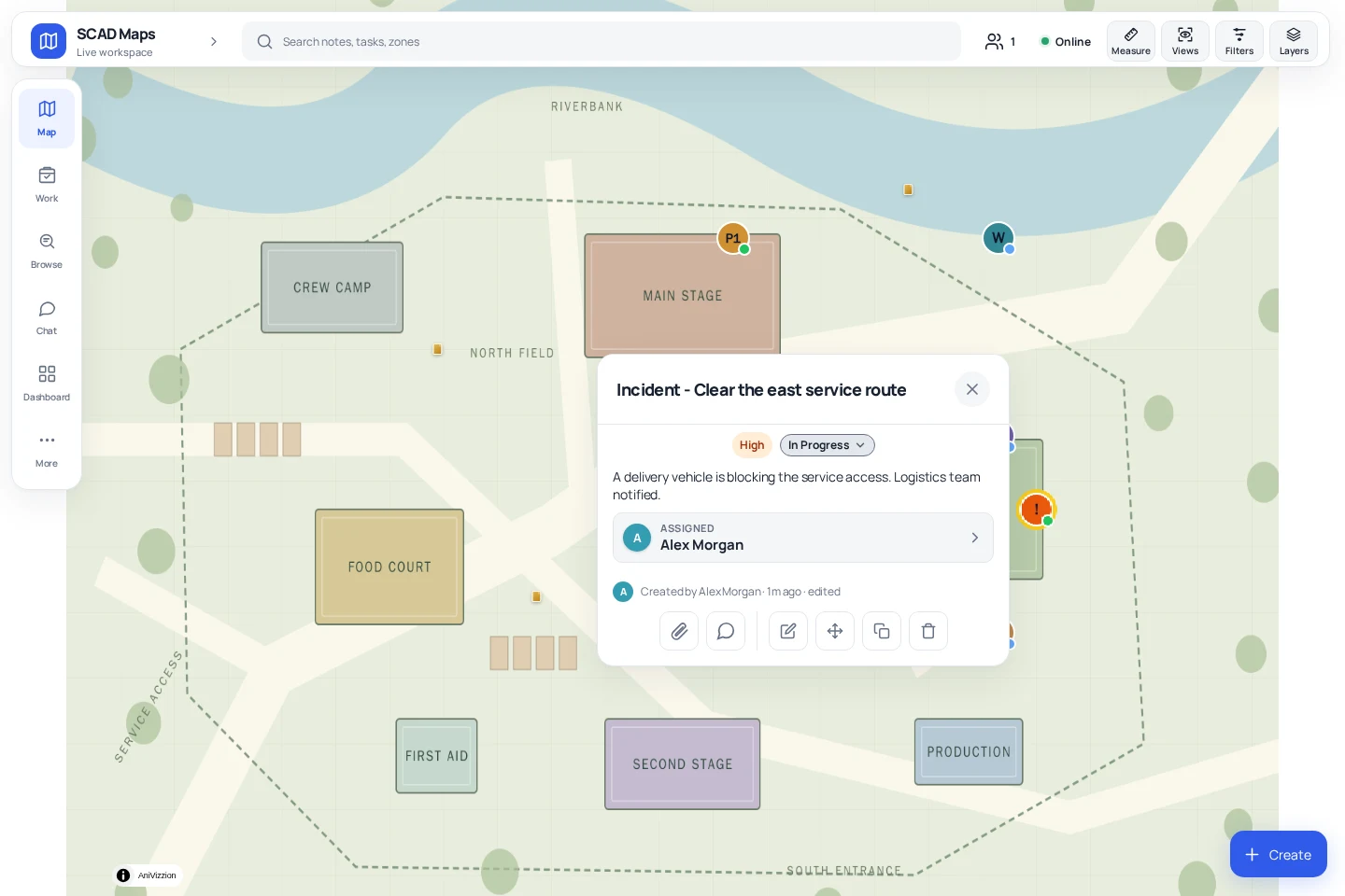 Real SCAD Maps incident response with sample event data.