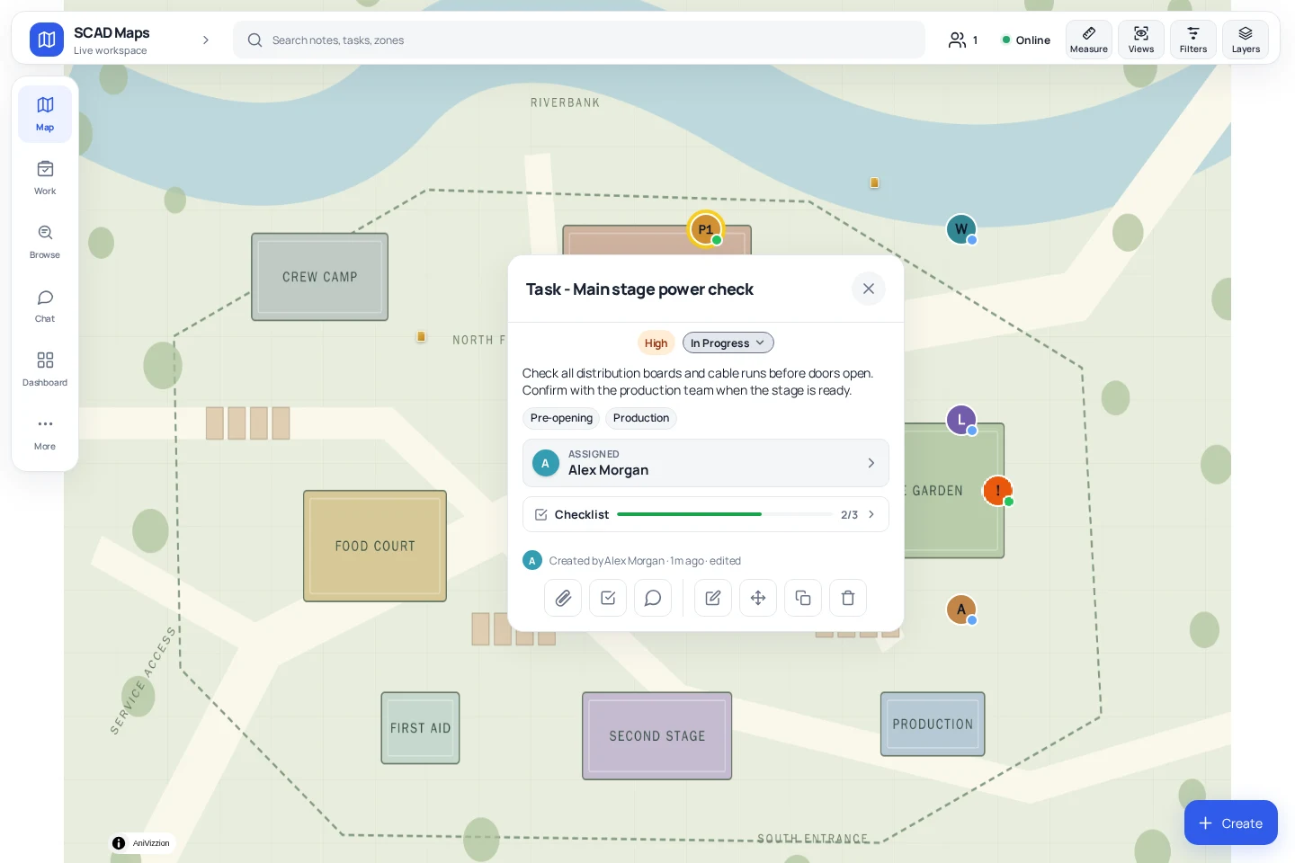 SCAD Maps tasks & checklists in the Field Desk interface, using sample event data.