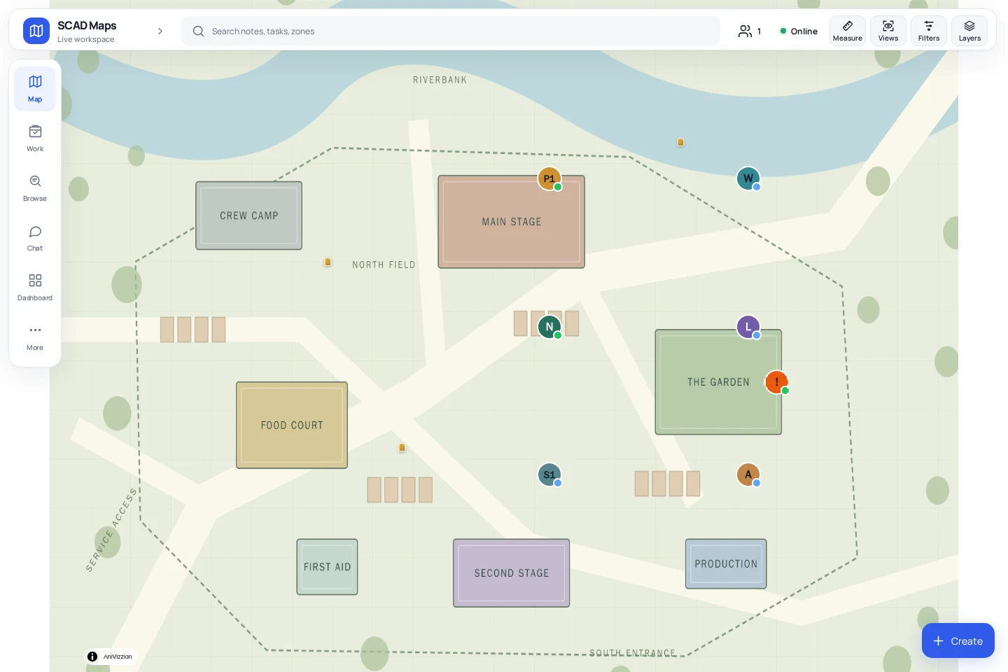 The real SCAD Maps Field Desk workspace displaying a venue plan, location notes and colour-coded task pins.